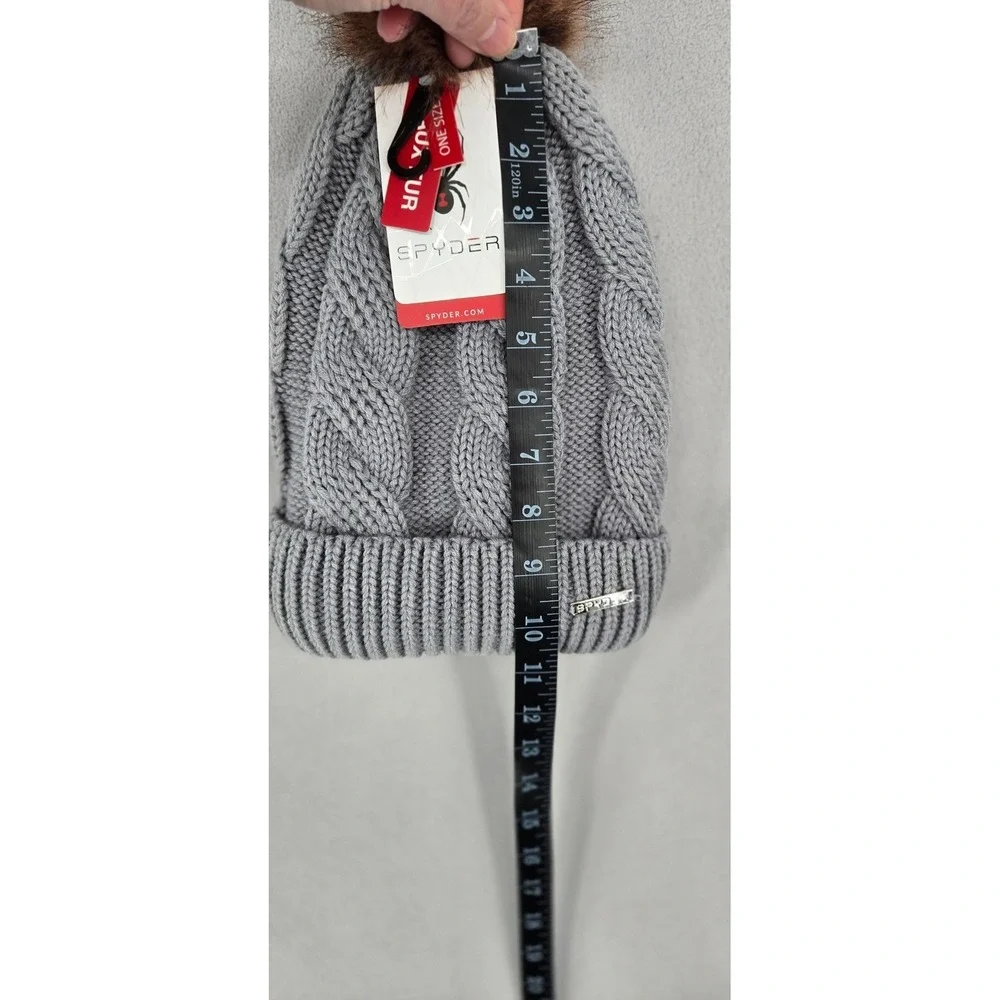 Spyder Womens Cable Knit Beanie Faux Fur Lined Pom Pom Hat Pewter‎ Grey OLSP982W